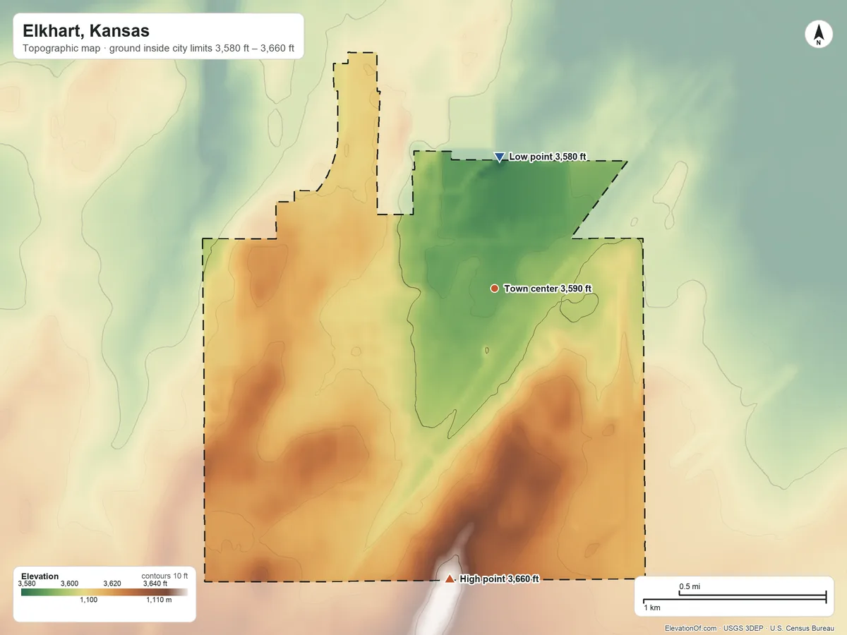 Topographic elevation map of Elkhart, Kansas, shaded from 3,580 ft on the north side to 3,660 ft on the south side