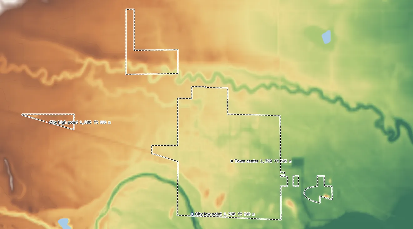 Topographic elevation map of Ellinwood, Kansas, shaded from 1,780 ft on the southwest side to 1,800 ft on the west side