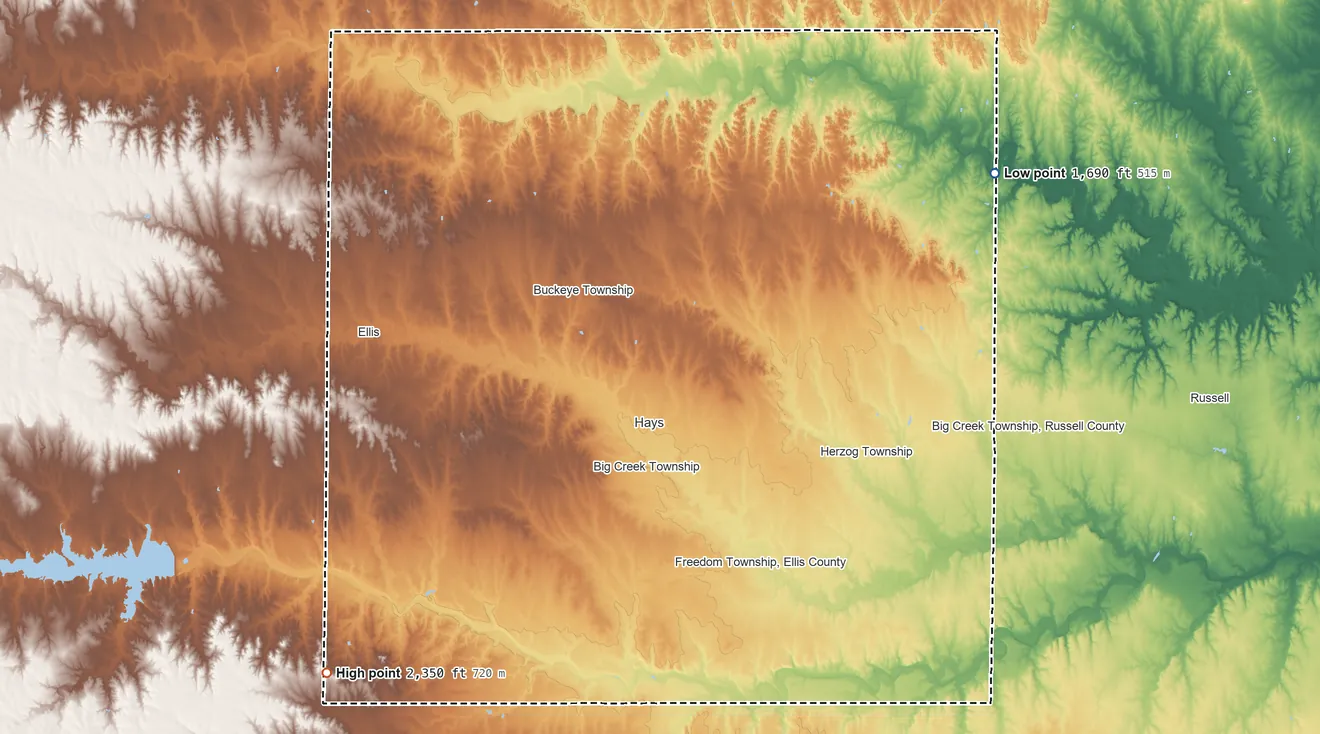Topographic elevation map of Ellis County, Kansas, shaded from 1,690 ft on the northeast side to 2,350 ft on the southwest side