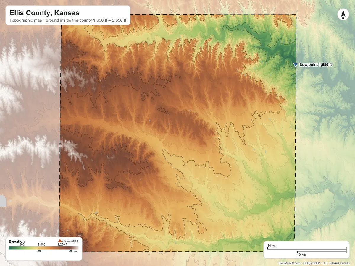 Topographic elevation map of Ellis County, Kansas, shaded from 1,690 ft on the northeast side to 2,350 ft on the southwest side