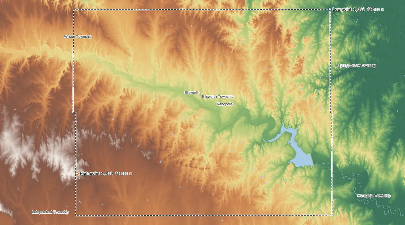 Topographic elevation map of Ellsworth County, Kansas, shaded from 1,390 ft on the northeast side to 1,950 ft on the southwest side