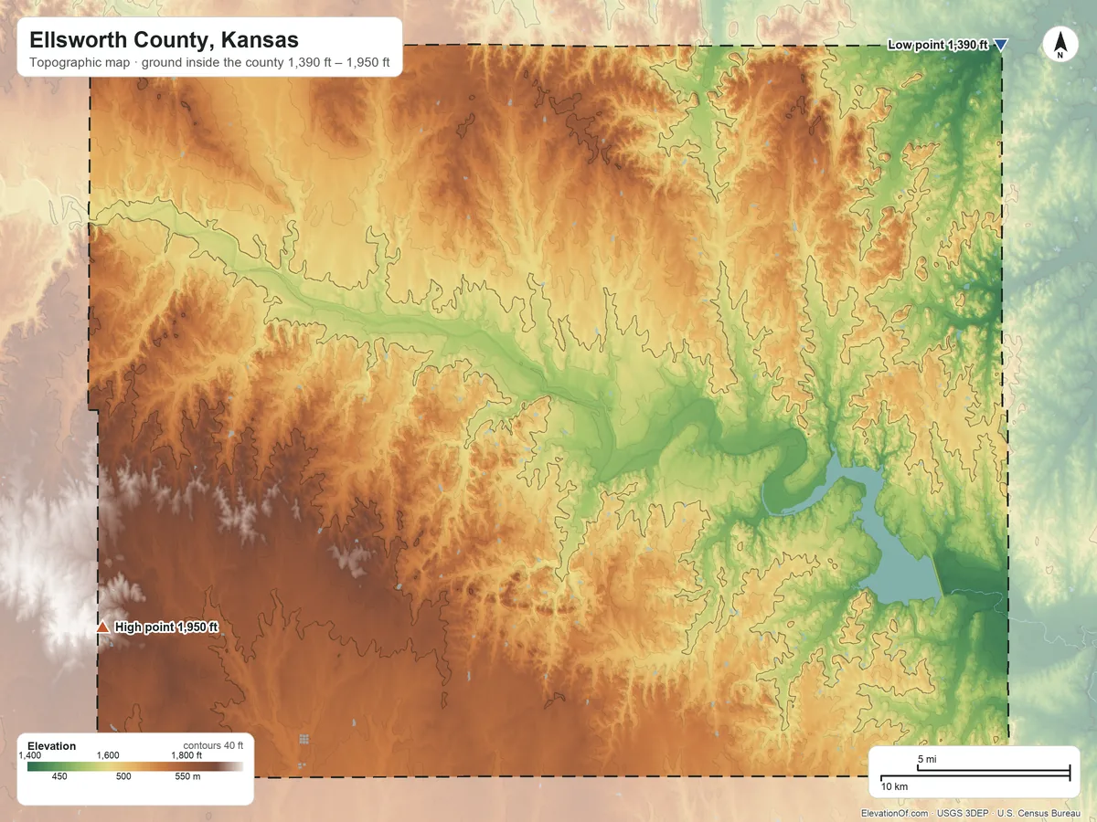 Topographic elevation map of Ellsworth County, Kansas, shaded from 1,390 ft on the northeast side to 1,950 ft on the southwest side