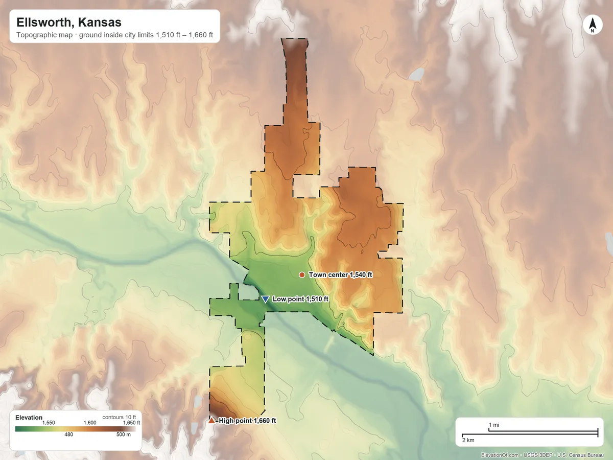 Topographic elevation map of Ellsworth, Kansas, shaded from 1,510 ft on the southwest side to 1,660 ft on the southwest side