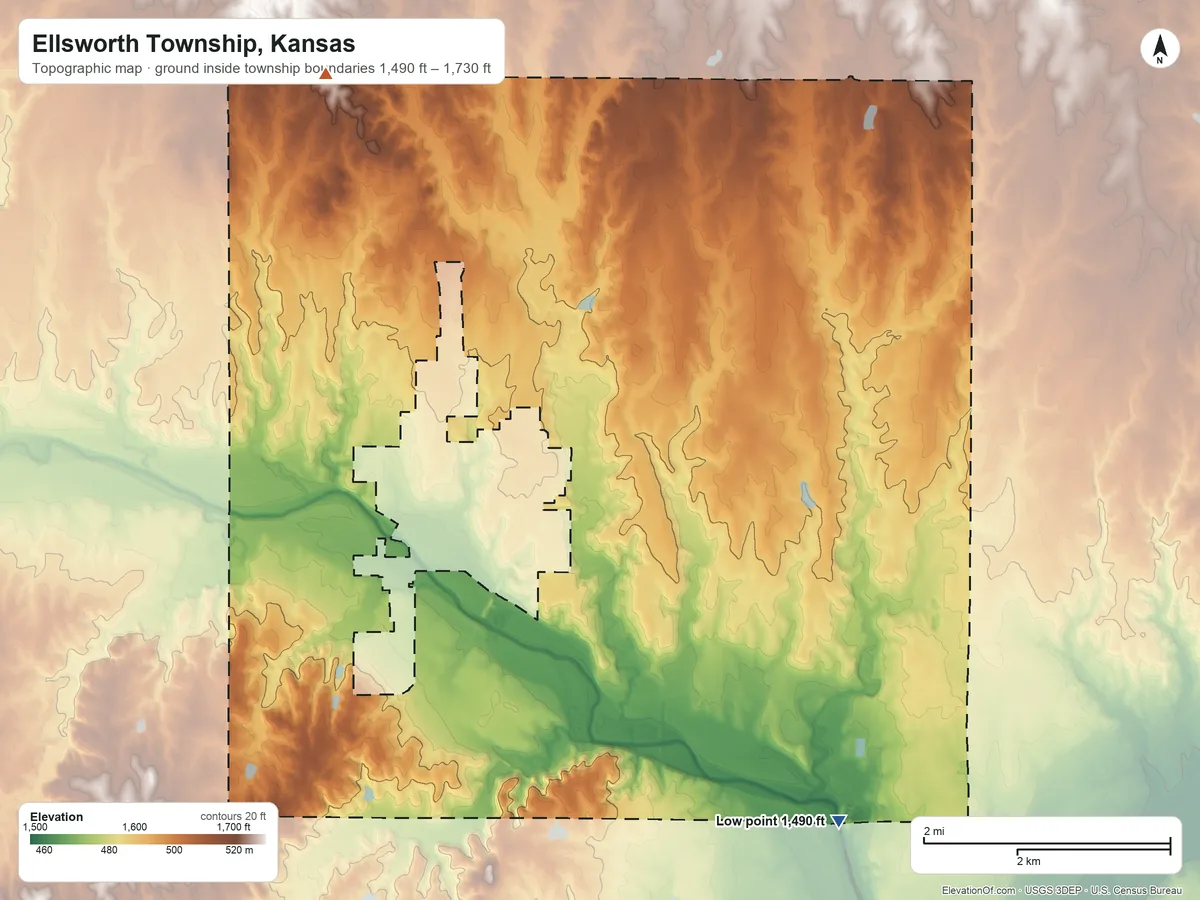 Topographic elevation map of Ellsworth Township, Kansas, shaded from 1,490 ft on the south side to 1,730 ft on the northwest side