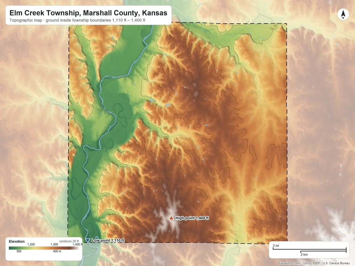 Topographic elevation map of Elm Creek Township, Marshall County, Kansas, shaded from 1,110 ft on the southwest side to 1,400 ft on the south side