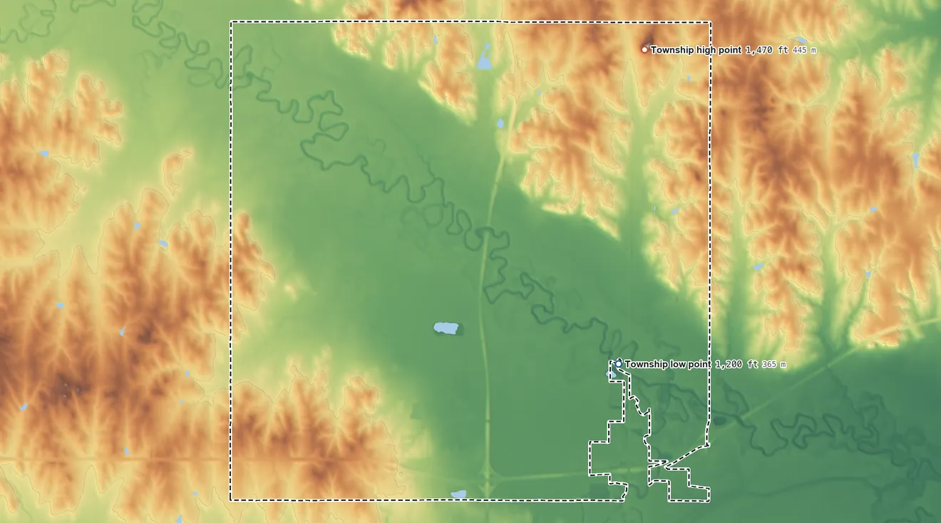 Topographic elevation map of Elm Creek Township, Kansas, shaded from 1,200 ft on the southeast side to 1,467 ft on North Pole Mound