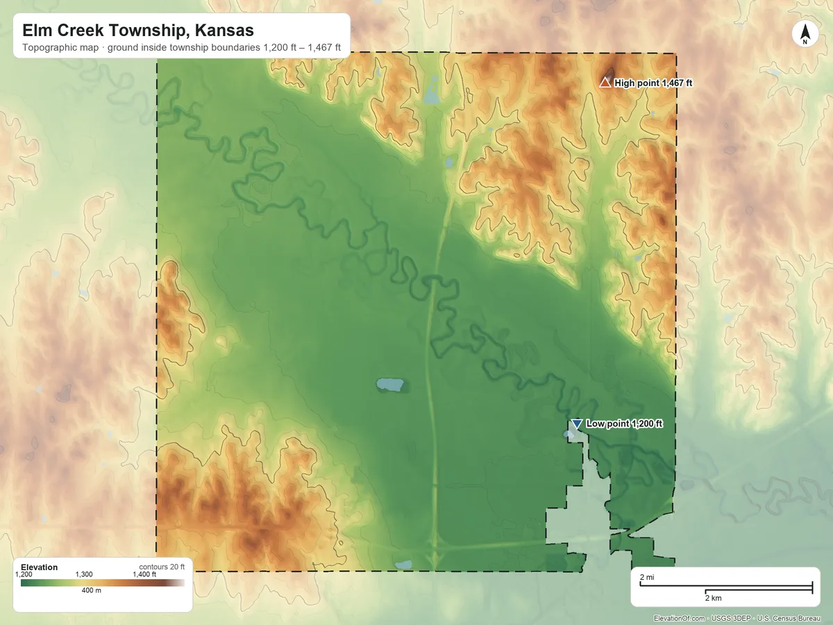 Topographic elevation map of Elm Creek Township, Kansas, shaded from 1,200 ft on the southeast side to 1,467 ft on North Pole Mound