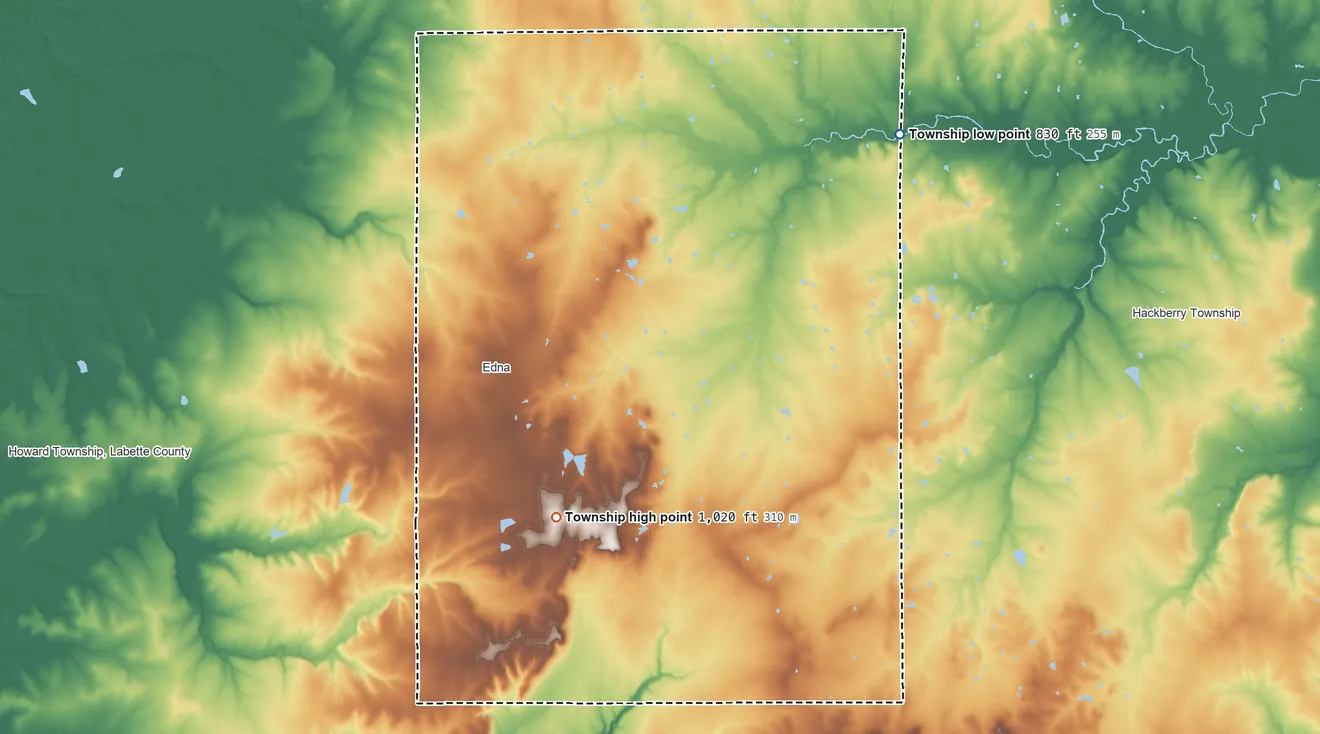 Topographic elevation map of Elm Grove Township, Kansas, shaded from 830 ft on the northeast side to 1,020 ft on the south side