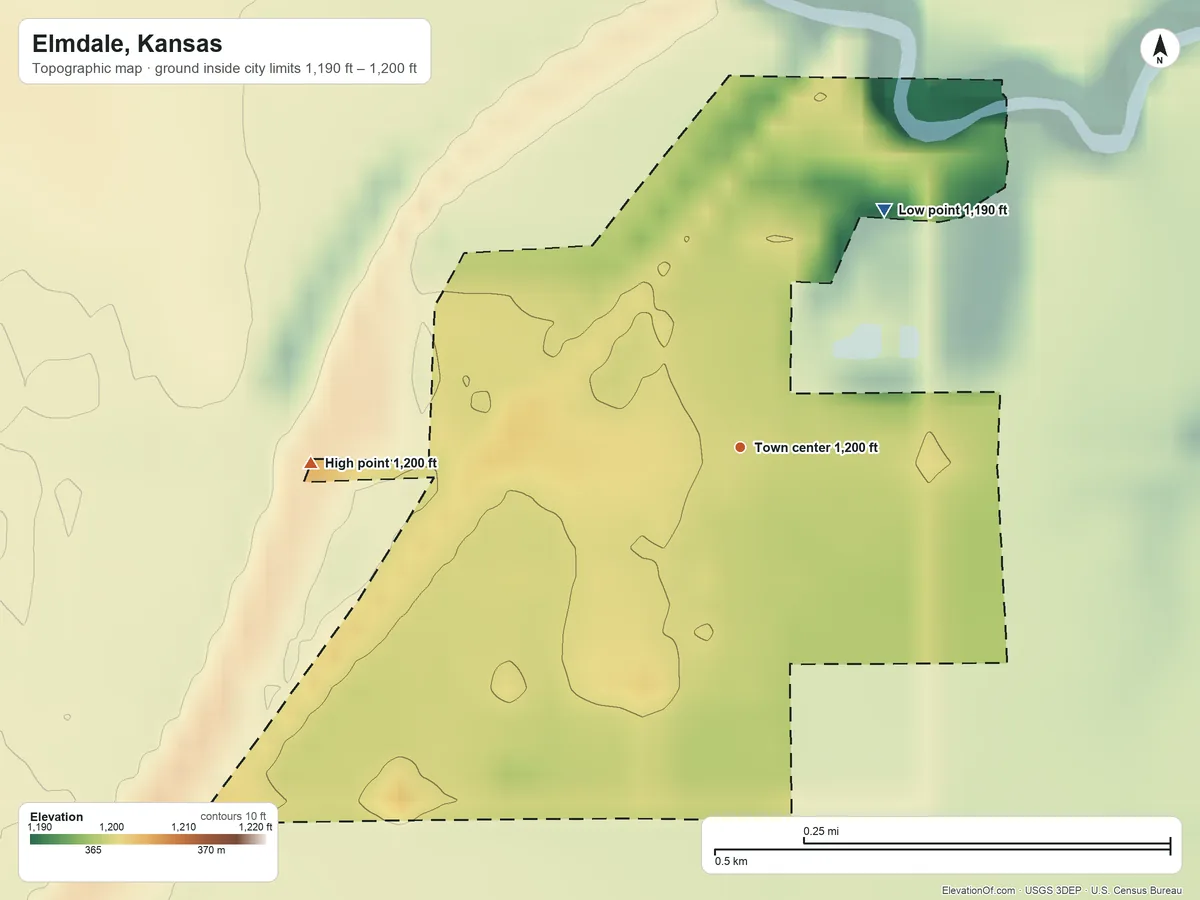 Topographic elevation map of Elmdale, Kansas, shaded from 1,190 ft on the northeast side to 1,200 ft on the west side