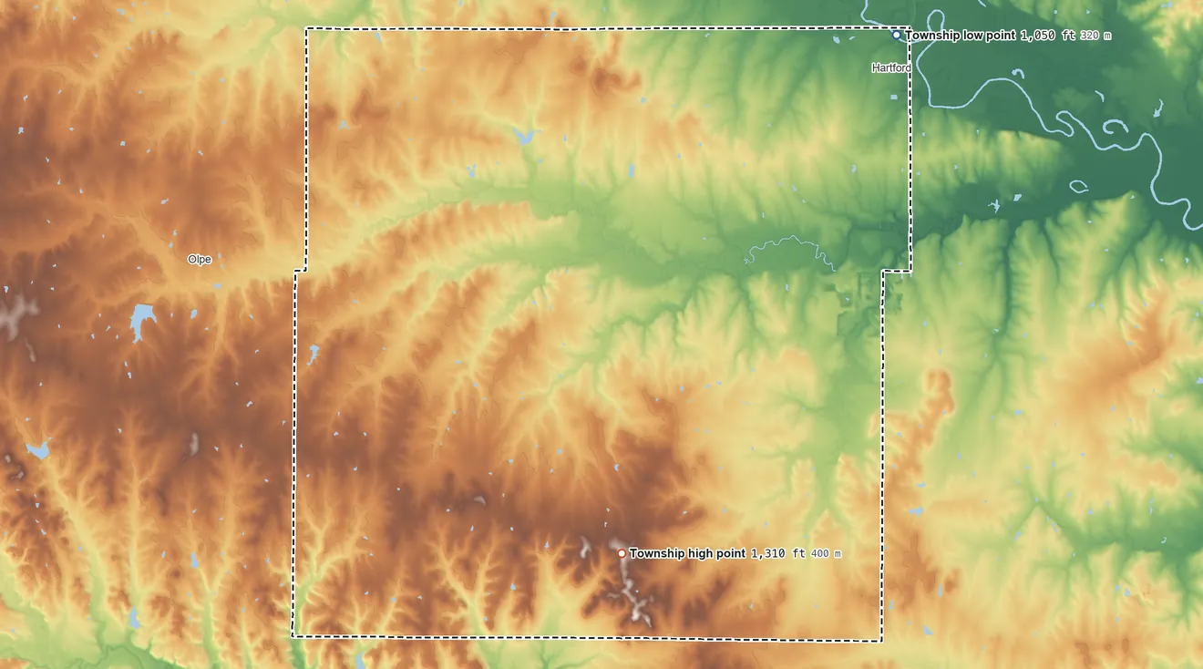 Topographic elevation map of Elmendaro Township, Kansas, shaded from 1,050 ft on the northeast side to 1,310 ft on the south side