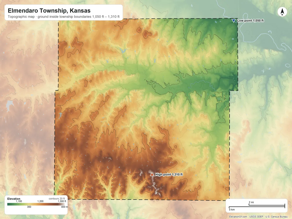 Topographic elevation map of Elmendaro Township, Kansas, shaded from 1,050 ft on the northeast side to 1,310 ft on the south side