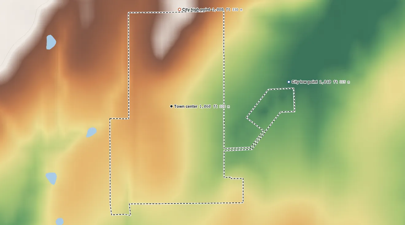 Topographic elevation map of Elsmore, Kansas, shaded from 1,040 ft on the east side to 1,080 ft on the north side