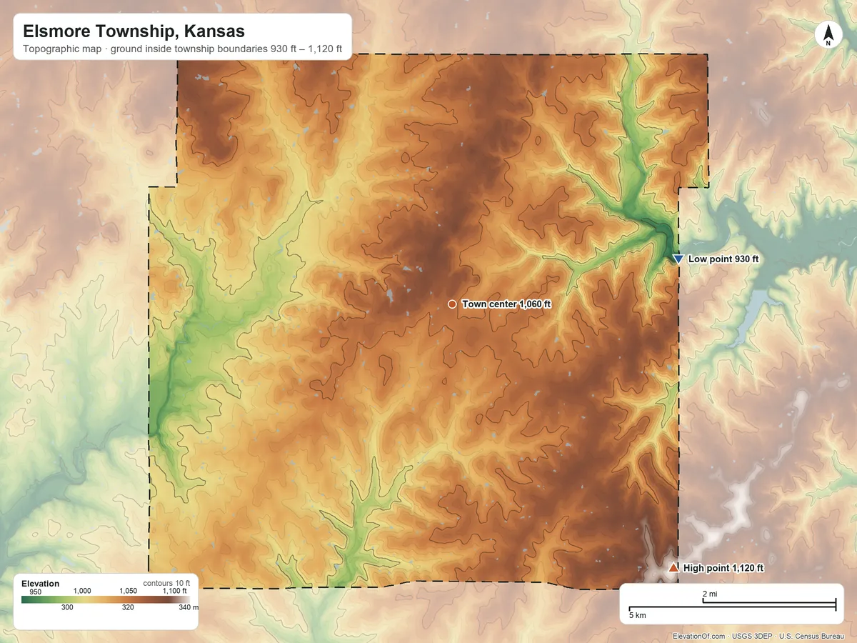 Topographic elevation map of Elsmore Township, Kansas, shaded from 930 ft on the east side to 1,120 ft on the southeast side