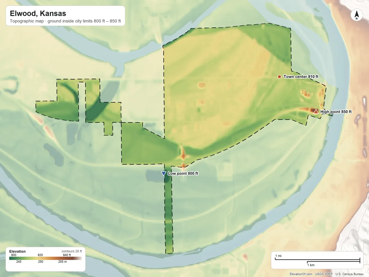 Topographic elevation map of Elwood, Kansas, shaded from 800 ft on the southwest side to 850 ft on the southeast side
