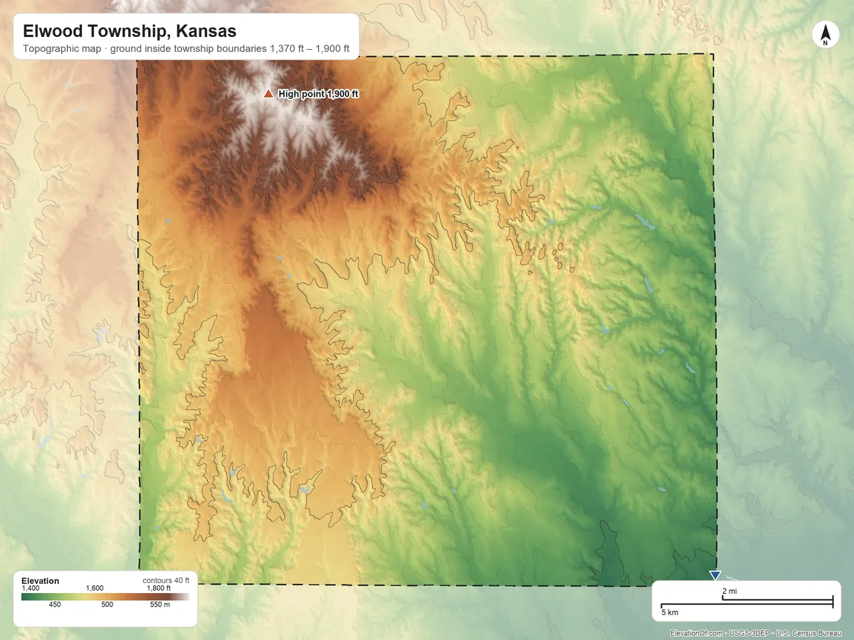 Topographic elevation map of Elwood Township, Kansas, shaded from 1,370 ft on the southeast side to 1,900 ft on the northwest side