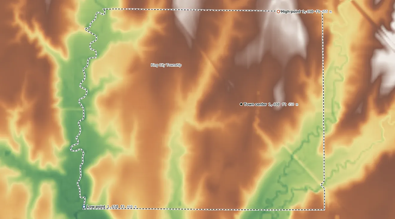Topographic elevation map of Elyria, Kansas, shaded from 1,450 ft on the southwest side to 1,490 ft on the north side