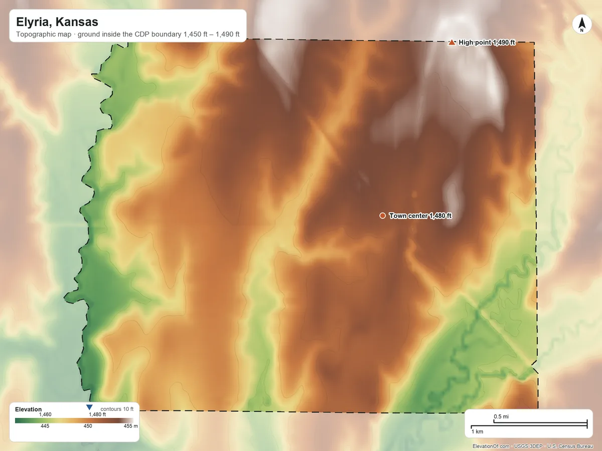 Topographic elevation map of Elyria, Kansas, shaded from 1,450 ft on the southwest side to 1,490 ft on the north side