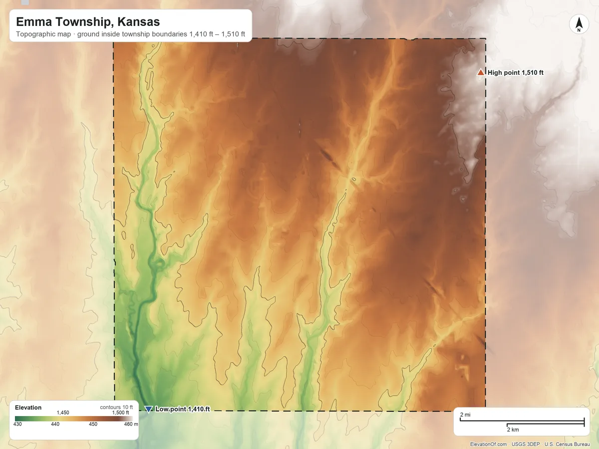 Topographic elevation map of Emma Township, Kansas, shaded from 1,410 ft on the southwest side to 1,510 ft on the northeast side