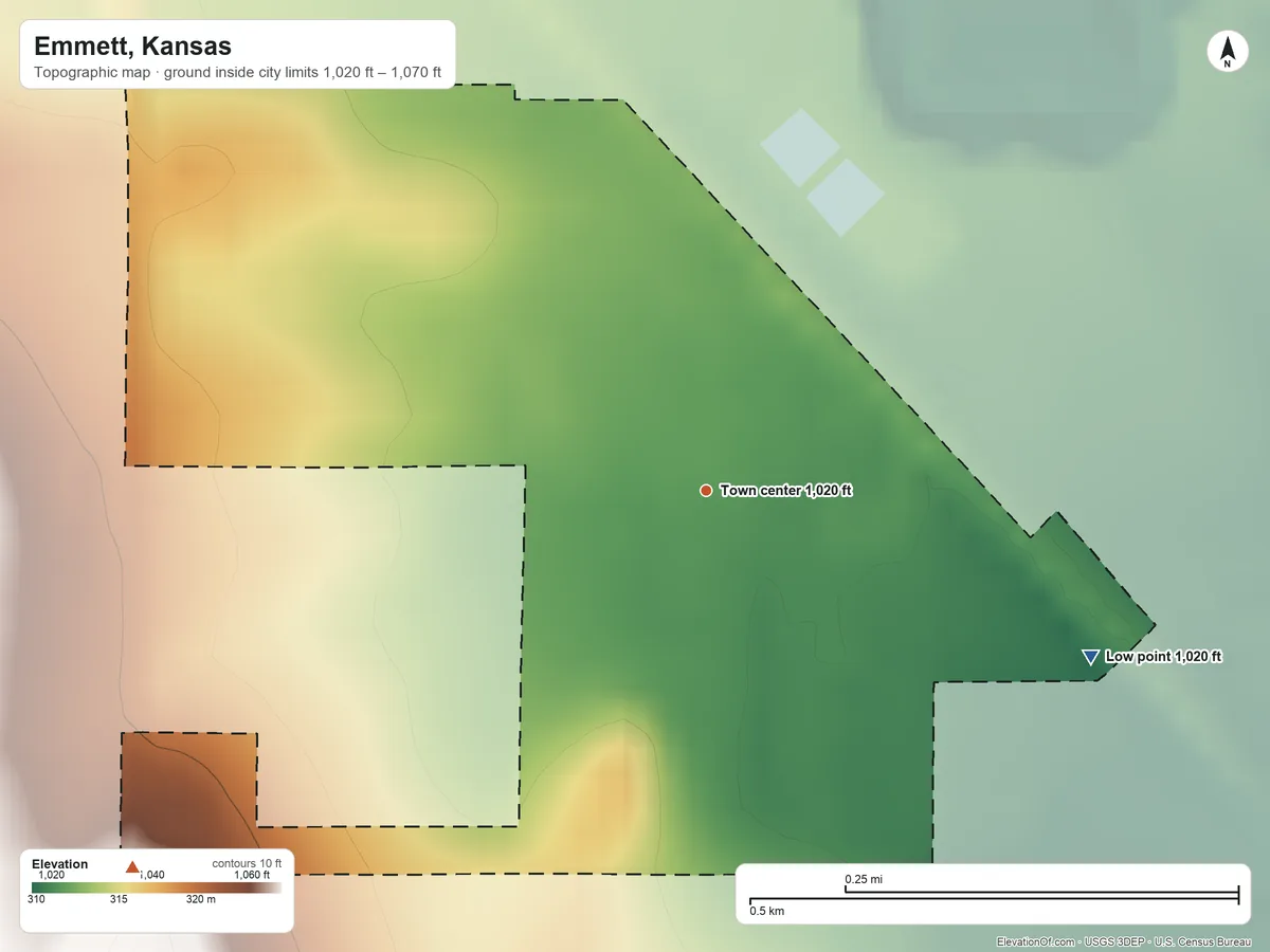 Topographic elevation map of Emmett, Kansas, shaded from 1,020 ft on the southeast side to 1,070 ft on the southwest side
