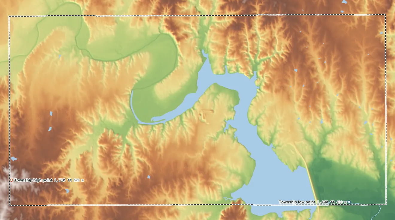 Topographic elevation map of Empire Township, Ellsworth County, Kansas, shaded from 1,400 ft on the southeast side to 1,710 ft on the west side