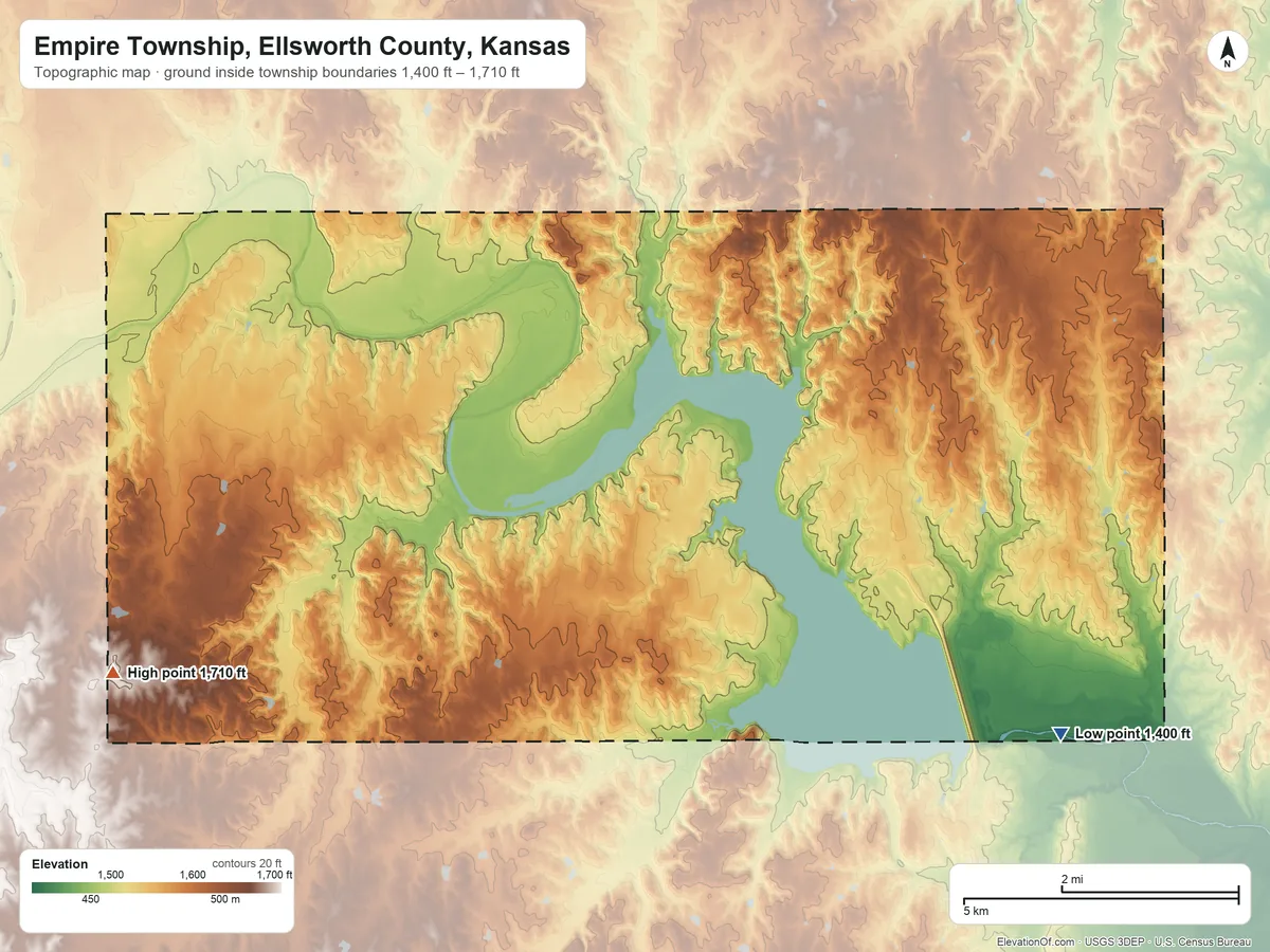 Topographic elevation map of Empire Township, Ellsworth County, Kansas, shaded from 1,400 ft on the southeast side to 1,710 ft on the west side