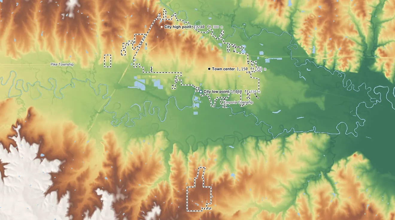 Topographic elevation map of Emporia, Kansas, shaded from 1,080 ft on the south side to 1,240 ft on the northwest side