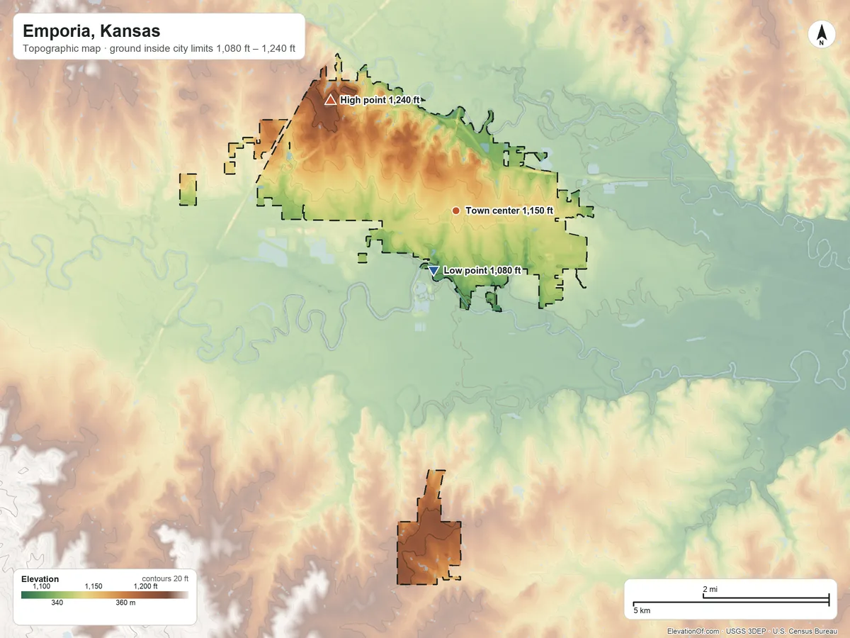 Topographic elevation map of Emporia, Kansas, shaded from 1,080 ft on the south side to 1,240 ft on the northwest side