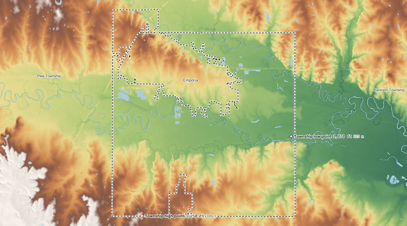 Topographic elevation map of Emporia Township, Kansas, shaded from 1,070 ft on the east side to 1,250 ft on the southwest side