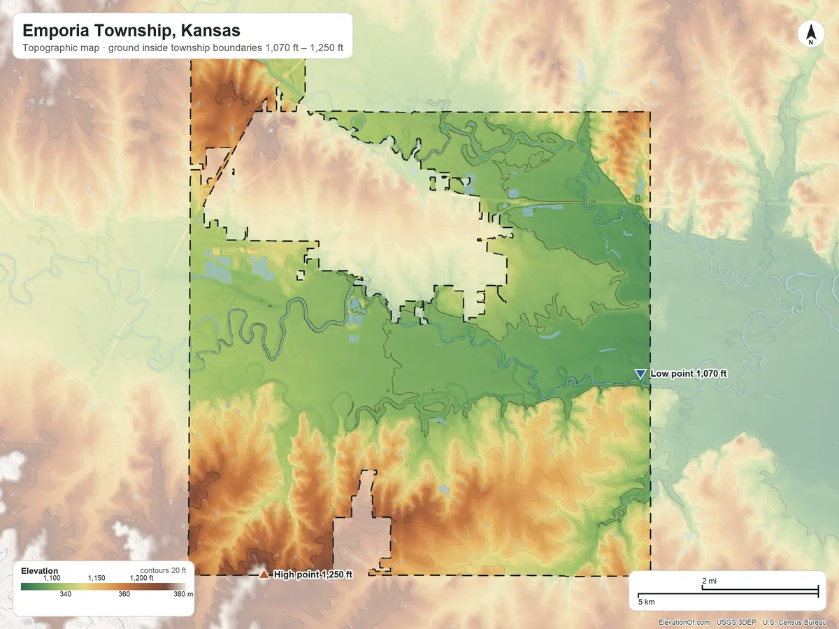 Topographic elevation map of Emporia Township, Kansas, shaded from 1,070 ft on the east side to 1,250 ft on the southwest side