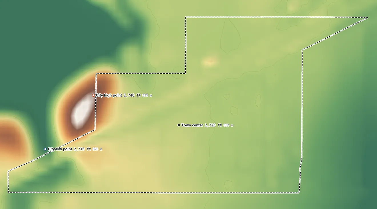 Topographic elevation map of Ensign, Kansas, shaded from 2,710 ft on the west side to 2,740 ft on the west side