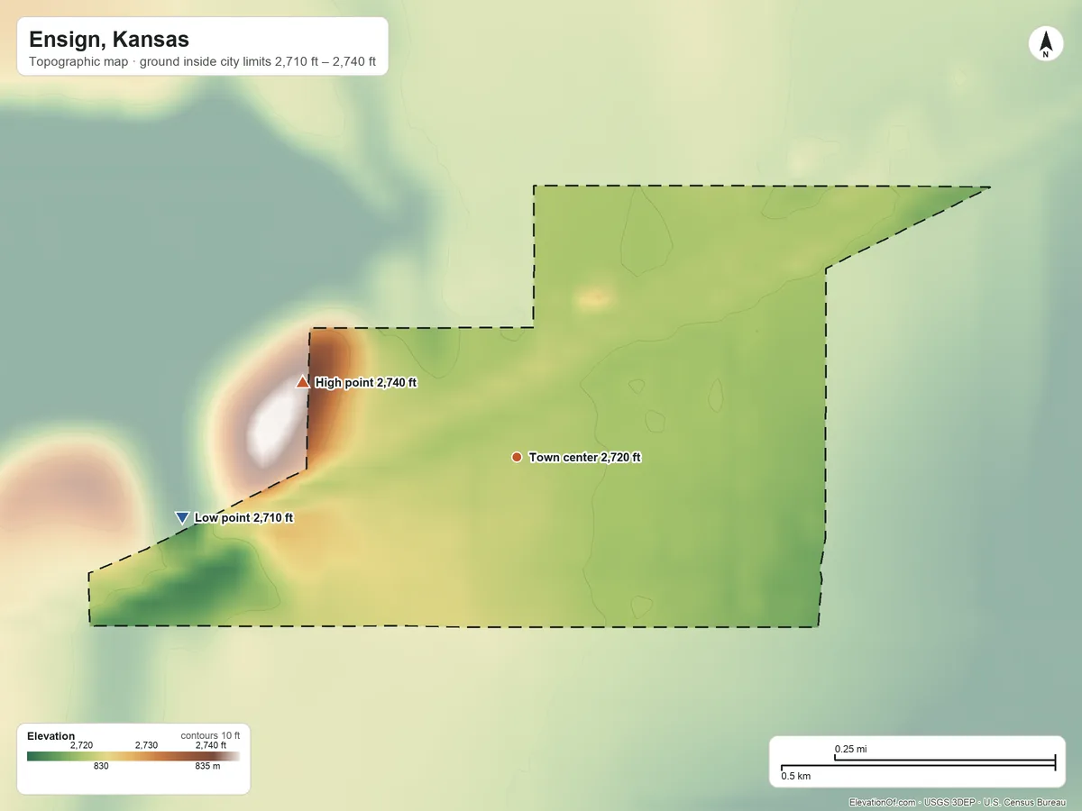 Topographic elevation map of Ensign, Kansas, shaded from 2,710 ft on the west side to 2,740 ft on the west side