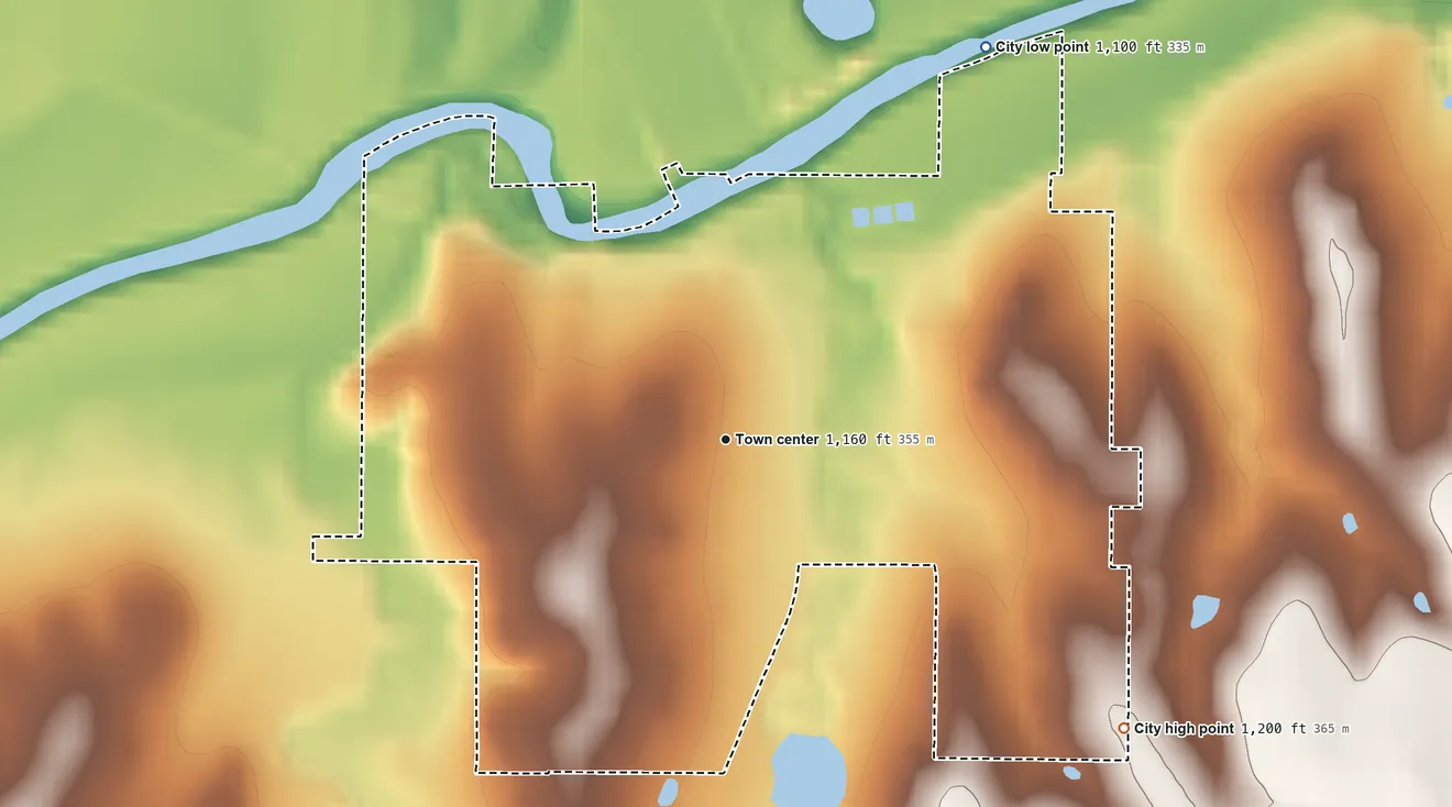 Topographic elevation map of Enterprise, Kansas, shaded from 1,100 ft on the northeast side to 1,200 ft on the southeast side