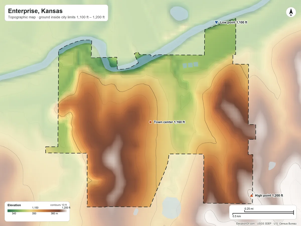 Topographic elevation map of Enterprise, Kansas, shaded from 1,100 ft on the northeast side to 1,200 ft on the southeast side