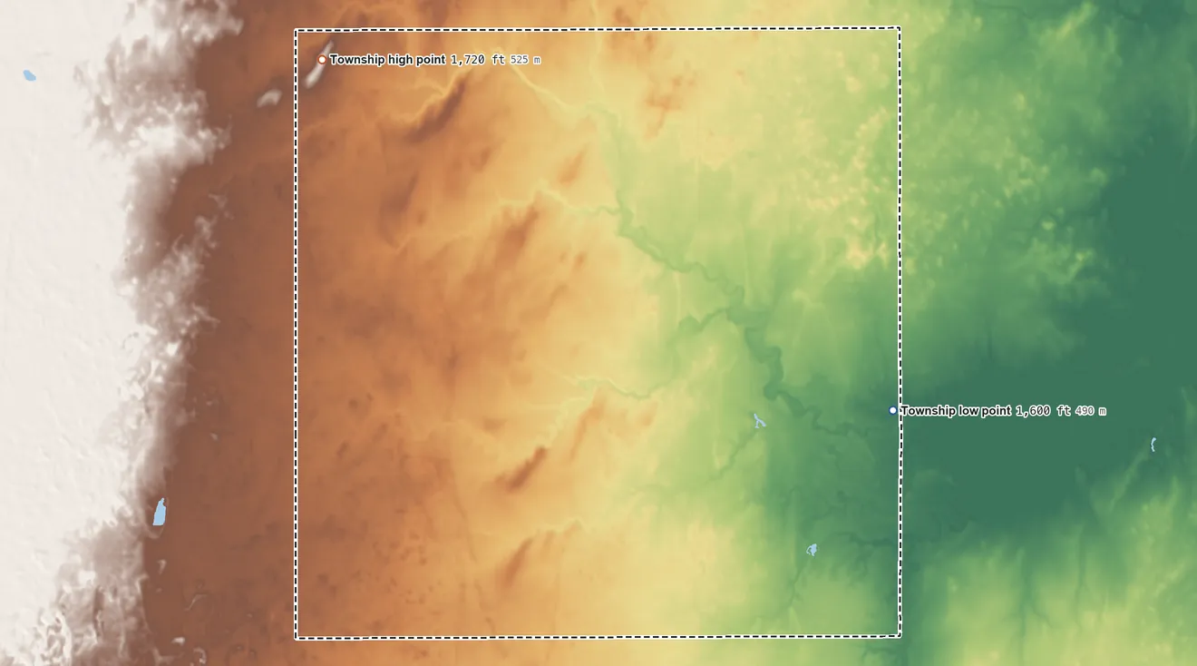 Topographic elevation map of Enterprise Township, Reno County, Kansas, shaded from 1,600 ft on the southeast side to 1,720 ft on the northwest side