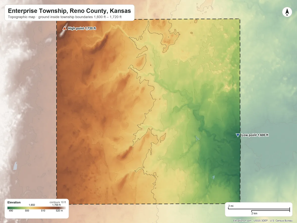 Topographic elevation map of Enterprise Township, Reno County, Kansas, shaded from 1,600 ft on the southeast side to 1,720 ft on the northwest side