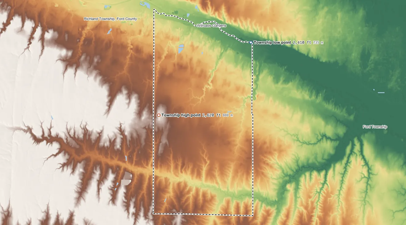 Topographic elevation map of Enterprise Township, Kansas, shaded from 2,410 ft on the east side to 2,620 ft on the southwest side