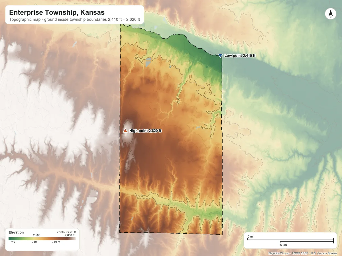 Topographic elevation map of Enterprise Township, Kansas, shaded from 2,410 ft on the east side to 2,620 ft on the southwest side