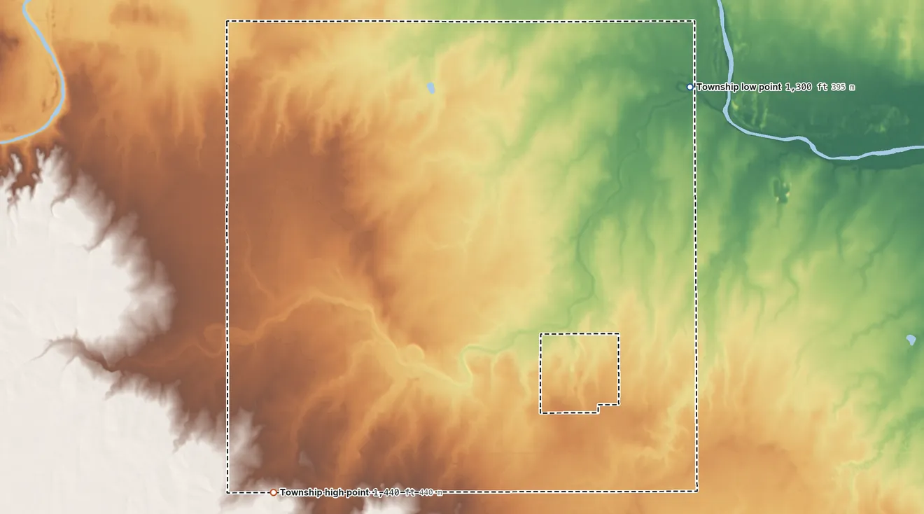 Topographic elevation map of Erie Township, Sedgwick County, Kansas, shaded from 1,300 ft on the northeast side to 1,440 ft on the southwest side