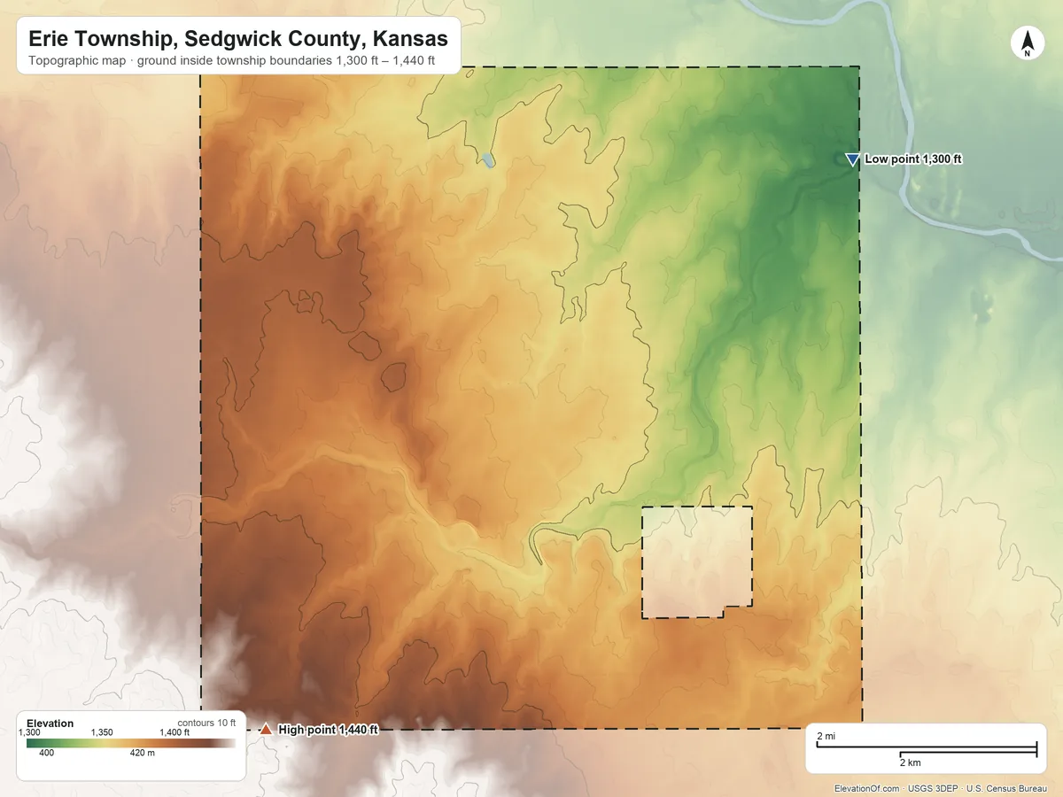 Topographic elevation map of Erie Township, Sedgwick County, Kansas, shaded from 1,300 ft on the northeast side to 1,440 ft on the southwest side