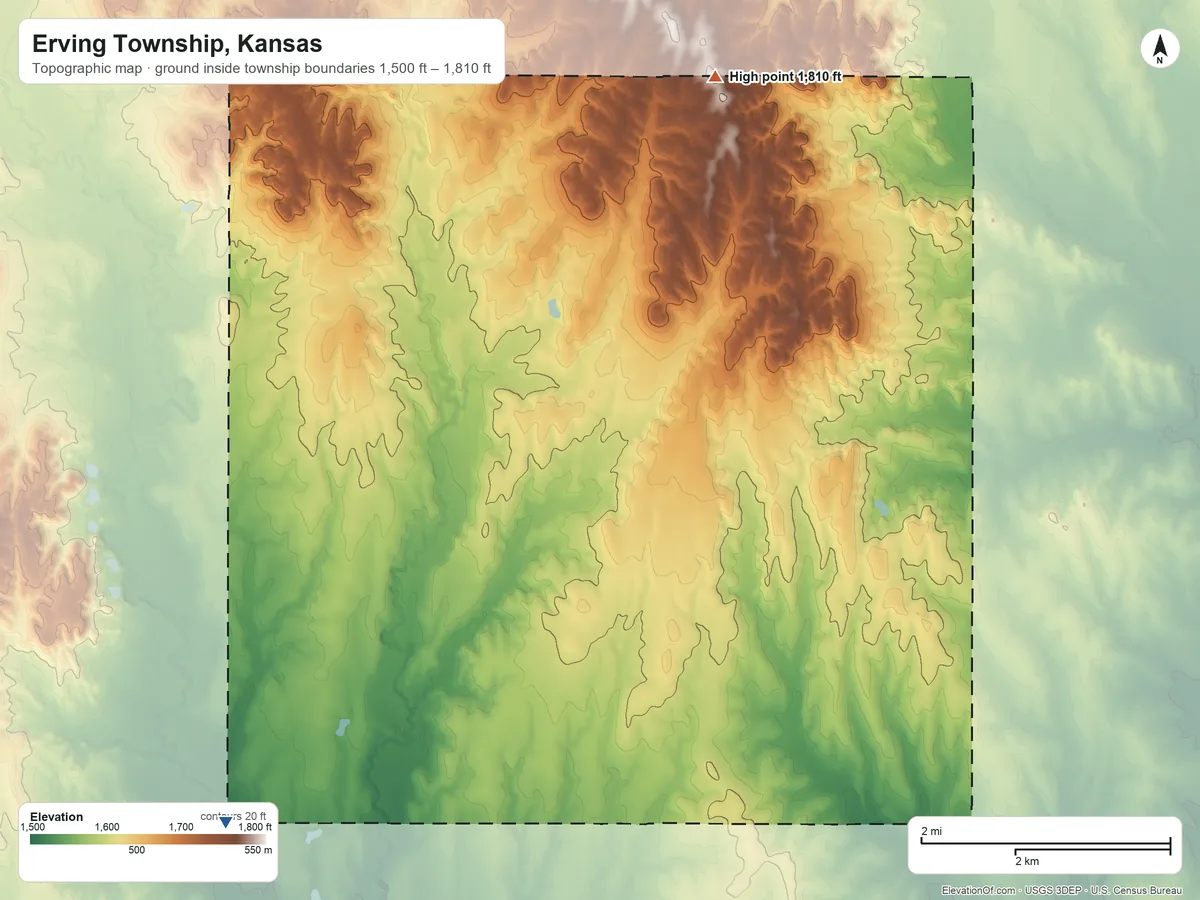 Topographic elevation map of Erving Township, Kansas, shaded from 1,500 ft on the southwest side to 1,810 ft on the northeast side