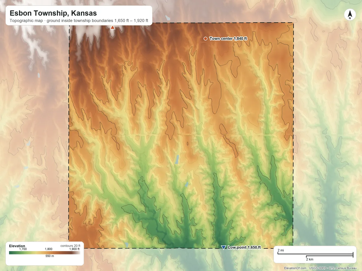 Topographic elevation map of Esbon Township, Kansas, shaded from 1,650 ft on the south side to 1,920 ft on the west side