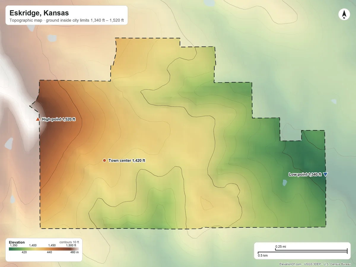 Topographic elevation map of Eskridge, Kansas, shaded from 1,340 ft on the east side to 1,520 ft on the northwest side