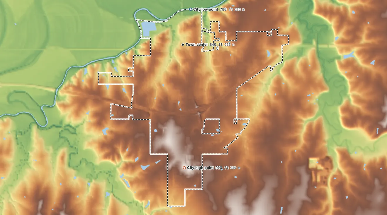 Topographic elevation map of Eudora, Kansas, shaded from 780 ft on the north side to 920 ft on the south side