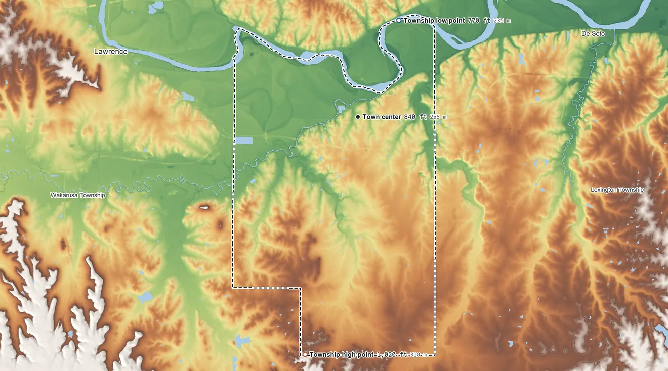Topographic elevation map of Eudora Township, Kansas, shaded from 770 ft on the northeast side to 1,020 ft on the south side