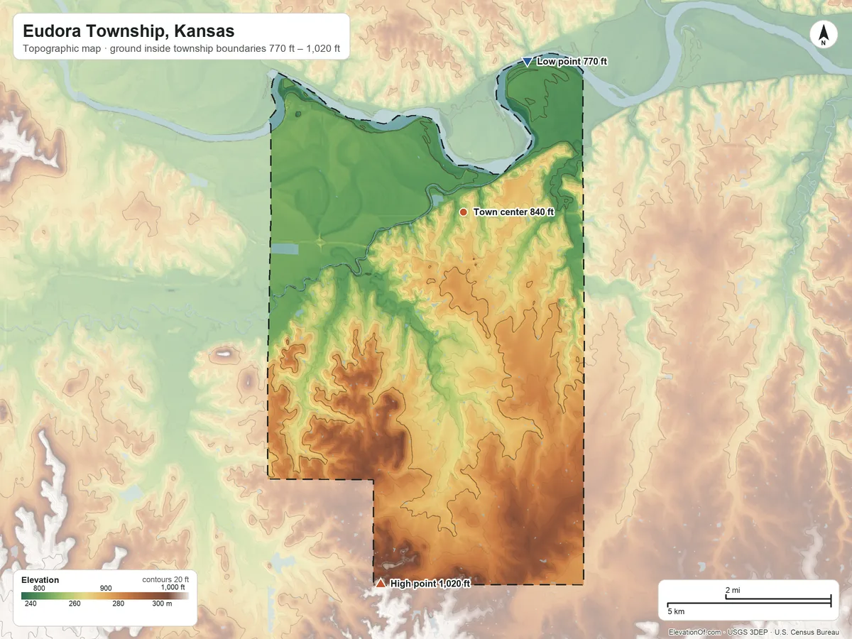Topographic elevation map of Eudora Township, Kansas, shaded from 770 ft on the northeast side to 1,020 ft on the south side