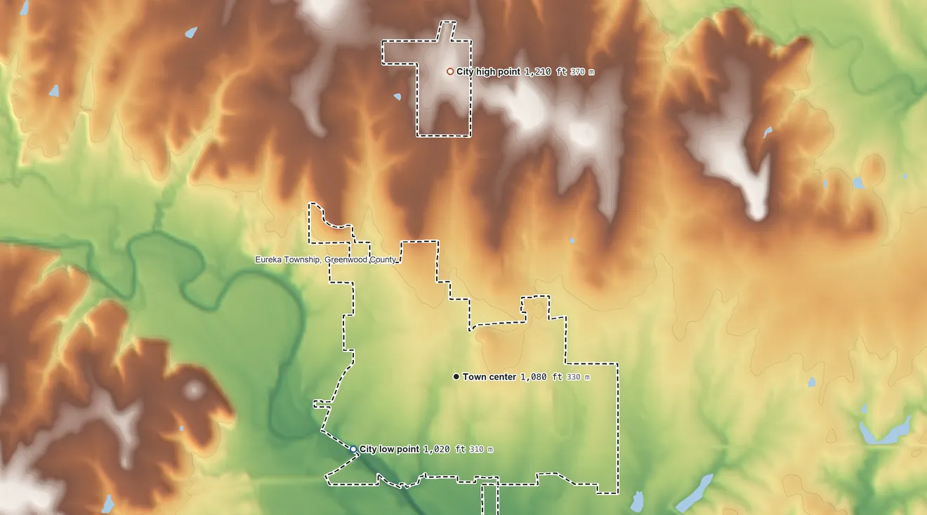 Topographic elevation map of Eureka, Kansas, shaded from 1,020 ft on the southwest side to 1,210 ft on the north side