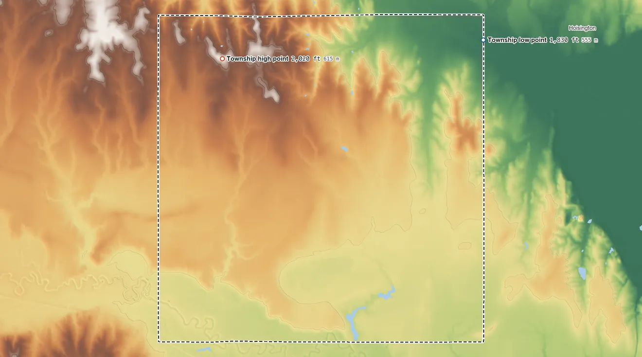 Topographic elevation map of Eureka Township, Barton County, Kansas, shaded from 1,830 ft on the northeast side to 2,020 ft on the northwest side