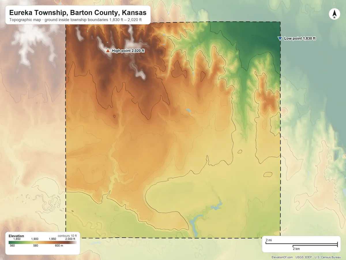 Topographic elevation map of Eureka Township, Barton County, Kansas, shaded from 1,830 ft on the northeast side to 2,020 ft on the northwest side