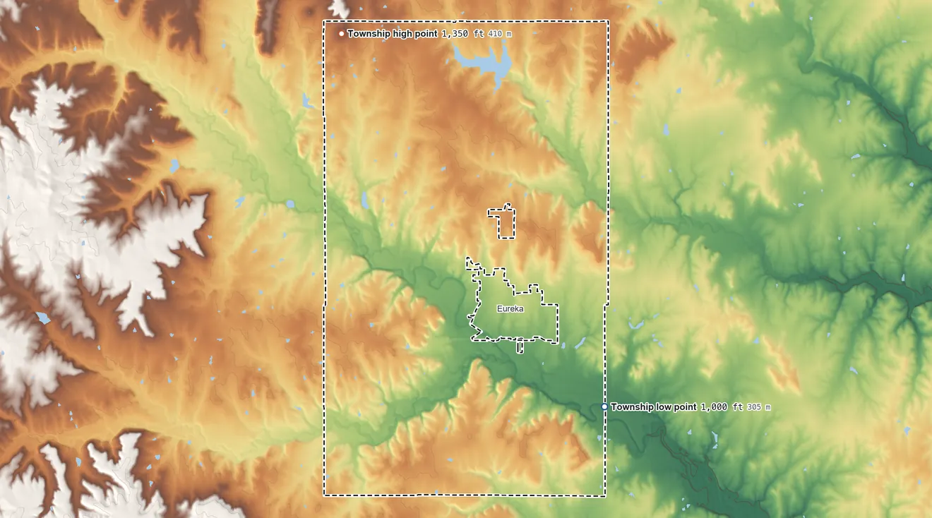 Topographic elevation map of Eureka Township, Greenwood County, Kansas, shaded from 1,000 ft on the southeast side to 1,350 ft on the northwest side