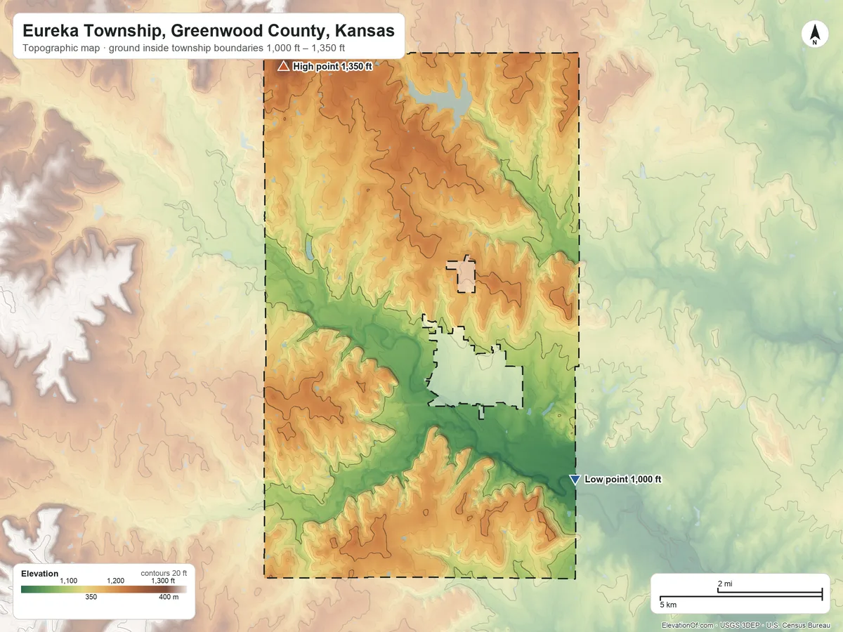 Topographic elevation map of Eureka Township, Greenwood County, Kansas, shaded from 1,000 ft on the southeast side to 1,350 ft on the northwest side